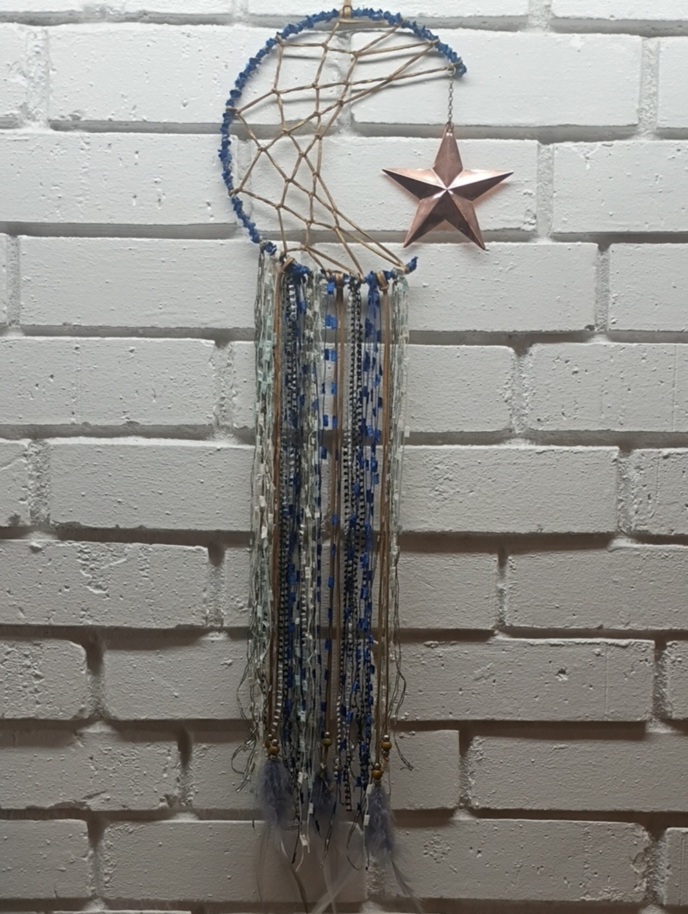 Blue, Gold & Leather Moon & Star Dreamcatcher Wall Hanging Ornament Boho